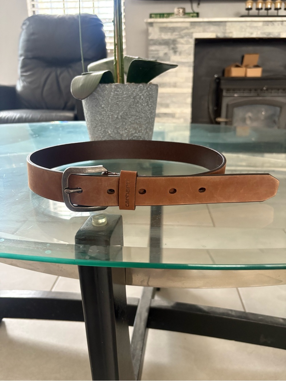 Carhartt Brown Leather Casual Belt with Brushed Metal Buckle 38 in